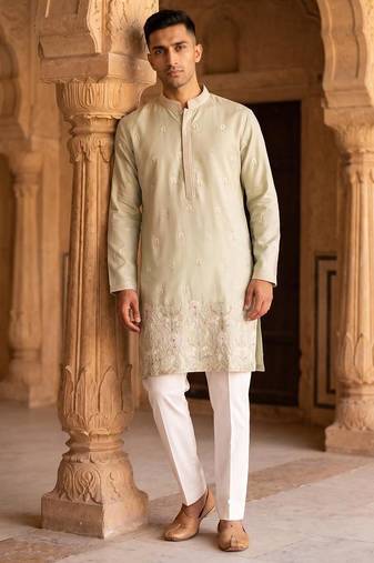 pista green embroidered & hand work silk kurta with cotton cream pajama 