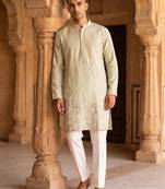 pista green embroidered & hand work silk kurta with cotton cream pajama 