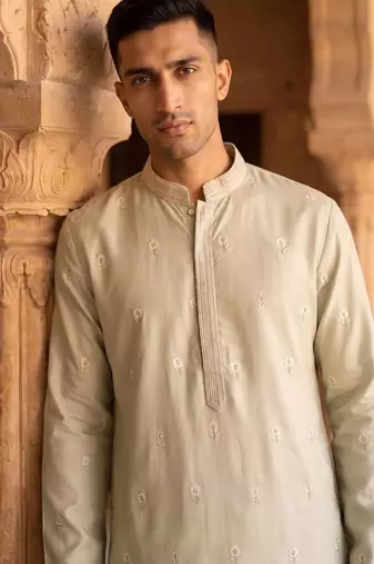 pista green embroidered & hand work silk kurta with cotton cream pajama 