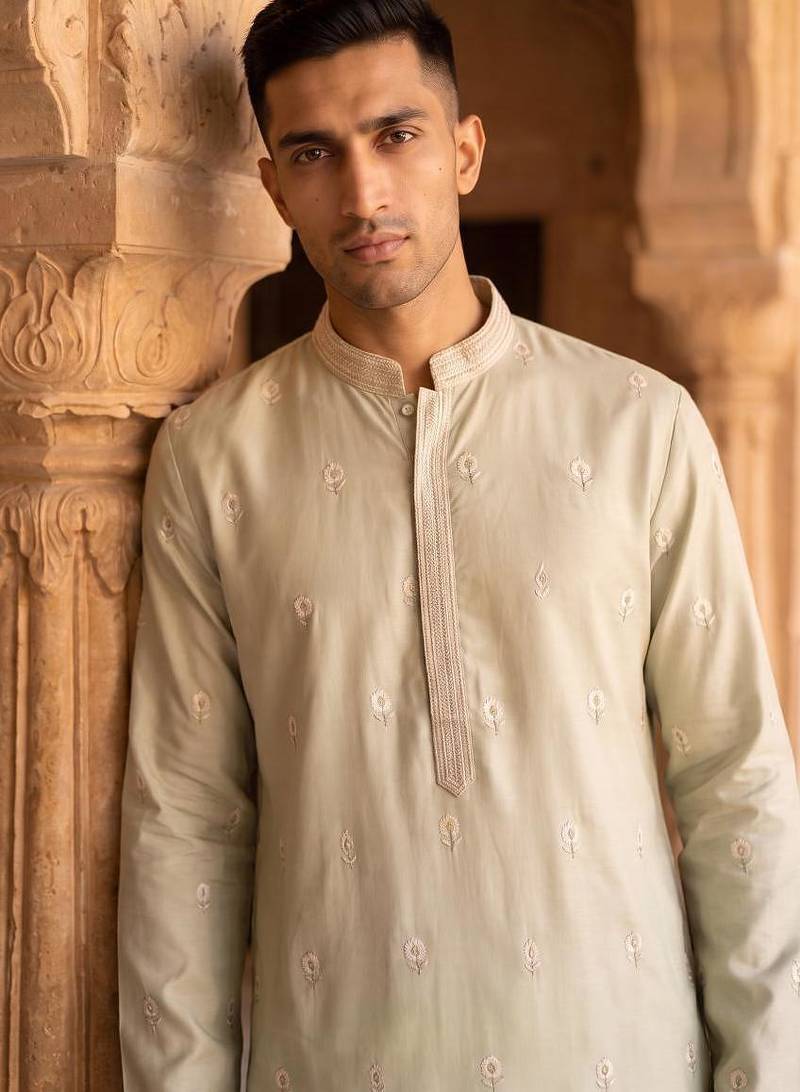 pista green embroidered & hand work silk kurta with cotton cream pajama 