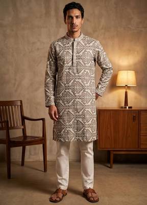 dark green embroidered work silk kurta with cotton cream pajama  1