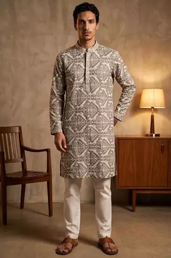 dark green embroidered work silk kurta with cotton cream pajama 
