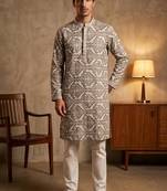 dark green embroidered work silk kurta with cotton cream pajama 