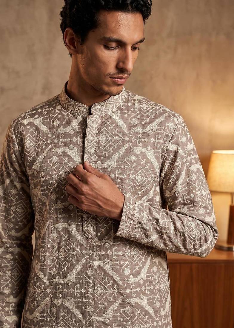 dark green embroidered work silk kurta with cotton cream pajama 