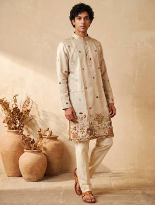 cream embroidered work silk kurta with cotton cream pajama  1
