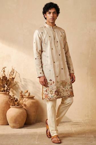 cream embroidered work silk kurta with cotton cream pajama 