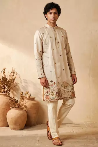 cream embroidered work silk kurta with cotton cream pajama 