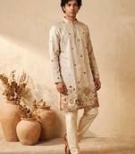 cream embroidered work silk kurta with cotton cream pajama 