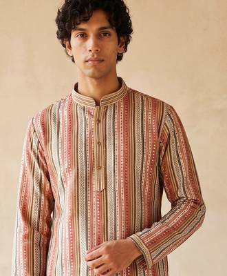 multicolor embroidered & sequin work cotton kurta with cotton cream pajama 2
