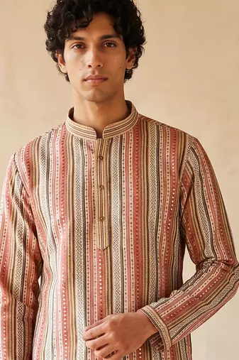 multicolor embroidered & sequin work cotton kurta with cotton cream pajama