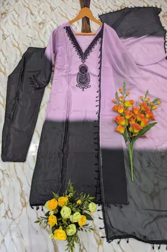 Women's lavender crepe embroidered straight kurta set with dupatta and pant