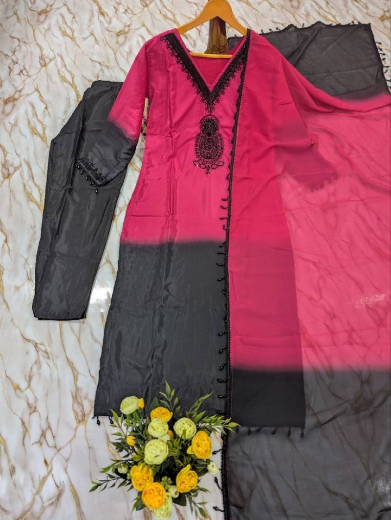 Women's pink crepe embroidered straight kurta set with dupatta and pant