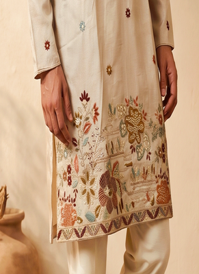 cream embroidered work silk kurta with cotton cream pajama  2