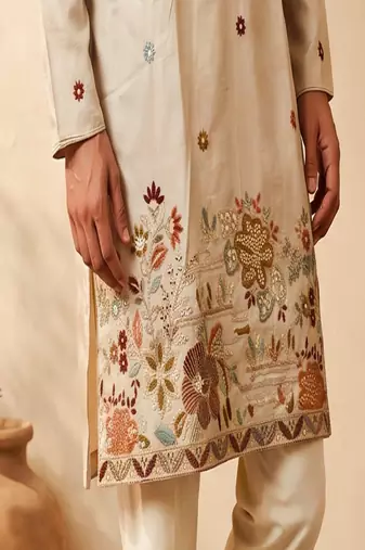 cream embroidered work silk kurta with cotton cream pajama 