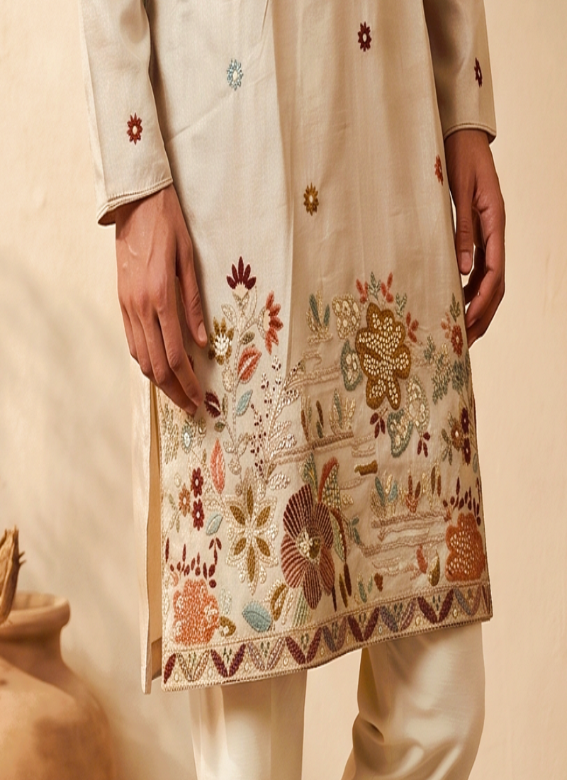 cream embroidered work silk kurta with cotton cream pajama 