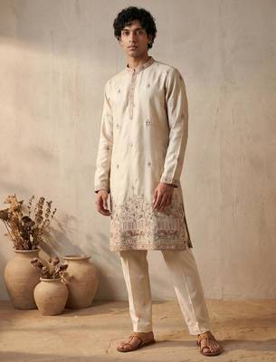 cream embroidered & sequin work silk kurta with cotton cream pajama  1
