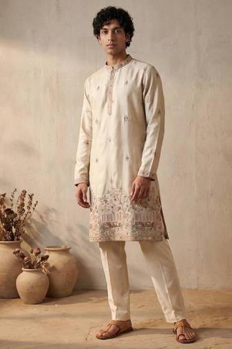 cream embroidered & sequin work silk kurta with cotton cream pajama 