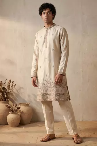 cream embroidered & sequin work silk kurta with cotton cream pajama 