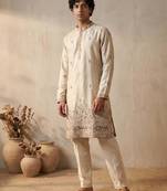 cream embroidered & sequin work silk kurta with cotton cream pajama 