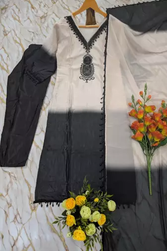 Women's white crepe embroidered straight kurta set with dupatta and pant