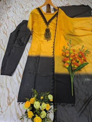 Women's yellow crepe embroidered straight kurta set with dupatta and pant 4