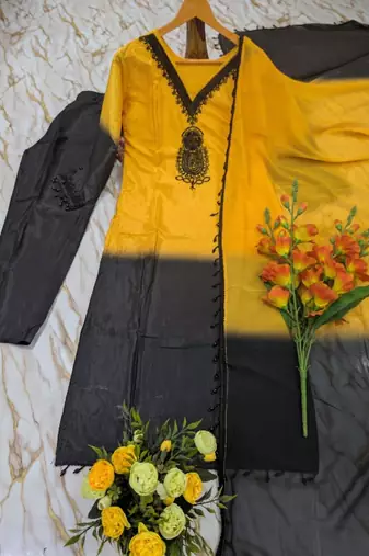 Women's yellow crepe embroidered straight kurta set with dupatta and pant