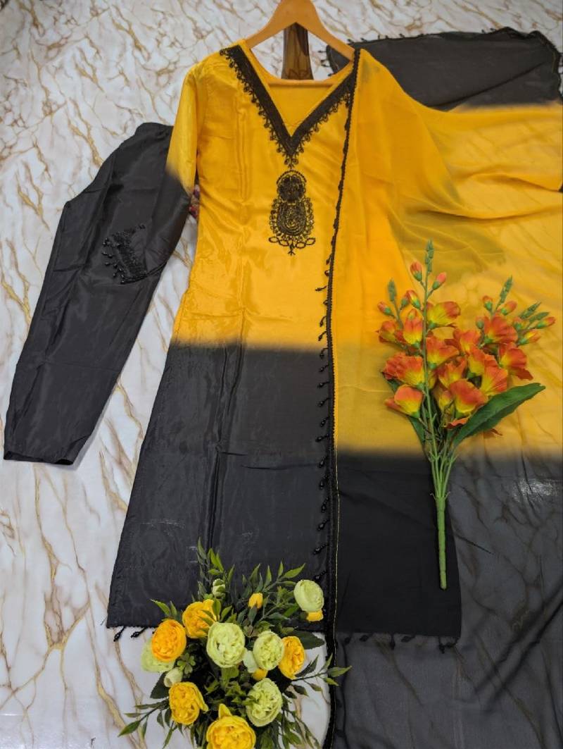 Women's yellow crepe embroidered straight kurta set with dupatta and pant