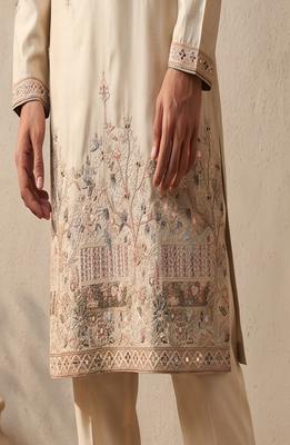 cream embroidered & sequin work silk kurta with cotton cream pajama  2