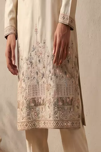 cream embroidered & sequin work silk kurta with cotton cream pajama 
