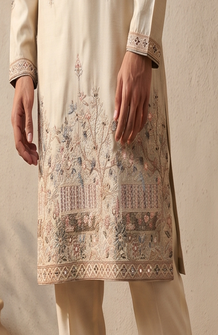 cream embroidered & sequin work silk kurta with cotton cream pajama 