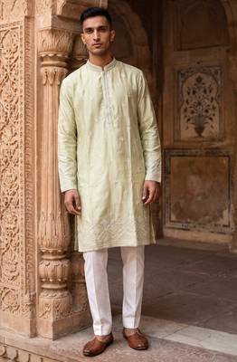 pista green embroidered & mirror work silk kurta with cotton cream pajama  1