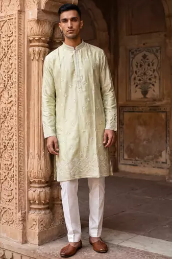 pista green embroidered & mirror work silk kurta with cotton cream pajama 