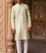 pista green embroidered & mirror work silk kurta with cotton cream pajama 