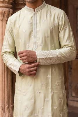 pista green embroidered & mirror work silk kurta with cotton cream pajama  2