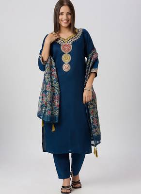 Teal vatican silk kurti pent dupatta set 1