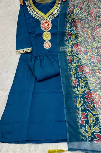 Teal vatican silk kurti pent dupatta set