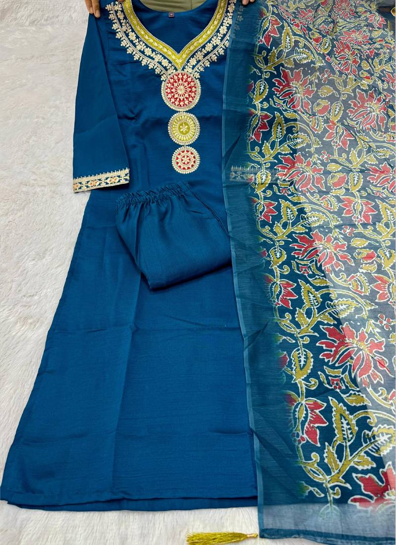 Teal vatican silk kurti pent dupatta set