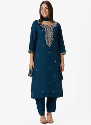 Teal roman silk kurti pent dupatta set 1