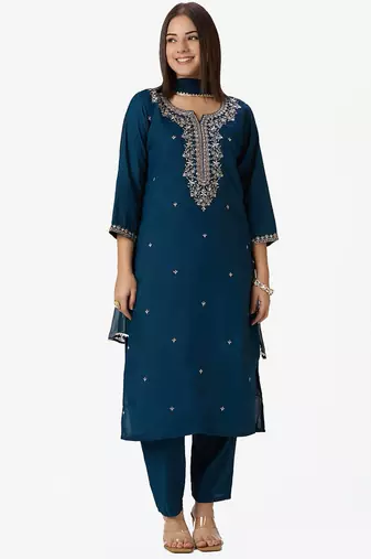 Teal roman silk kurti pent dupatta set