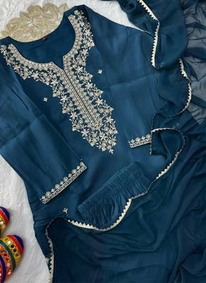Teal roman silk kurti pent dupatta set 2
