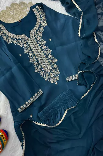 Teal roman silk kurti pent dupatta set