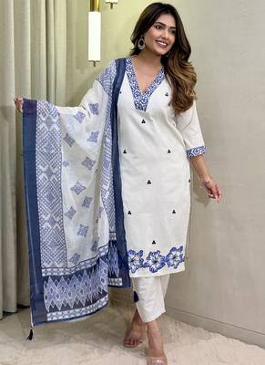 Off white khadi cotton kurti pent dupatta set 1
