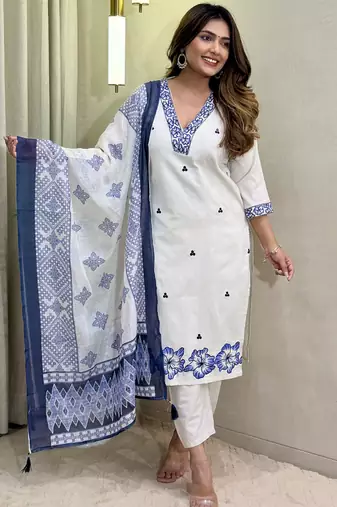 Off white khadi cotton kurti pent dupatta set