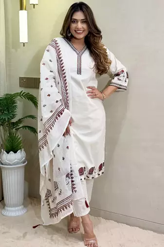 Off white khadi cotton kurti pent dupatta set
