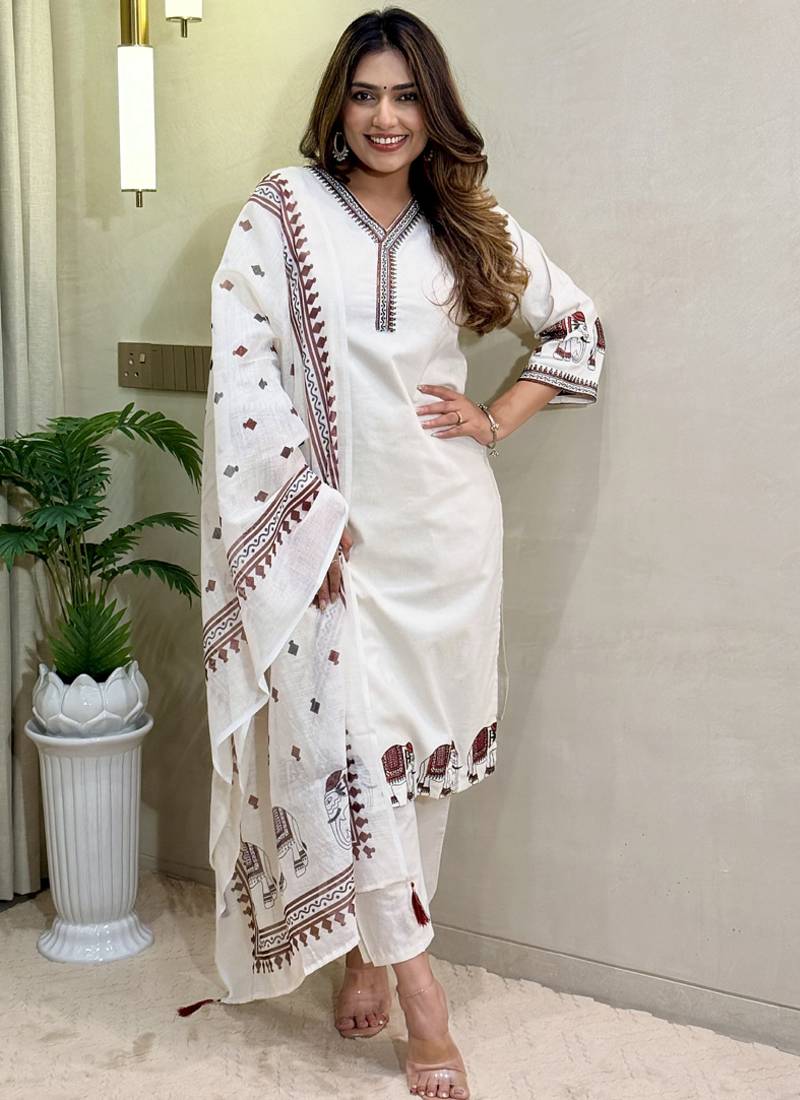 Off white khadi cotton kurti pent dupatta set