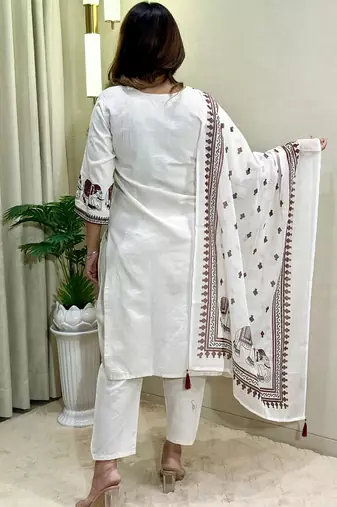 Off white khadi cotton kurti pent dupatta set