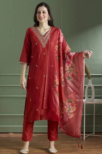 Red rayon slub kurti pent dupatta set