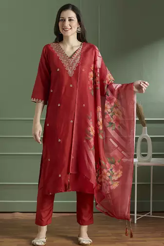 Red rayon slub kurti pent dupatta set