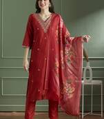 Red rayon slub kurti pent dupatta set