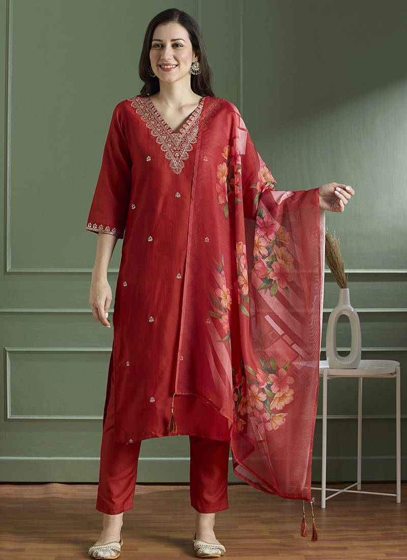 Red rayon slub kurti pent dupatta set